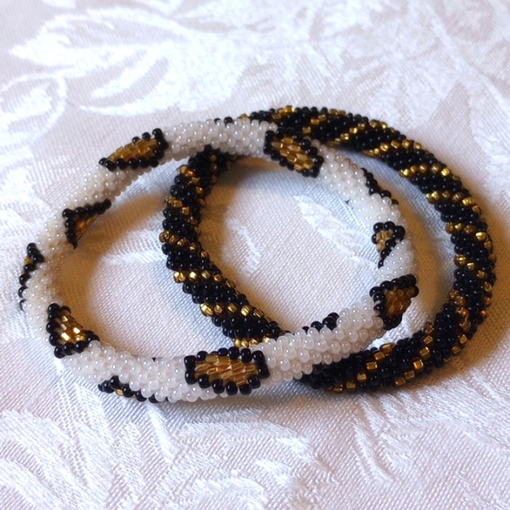 Set Of 2, Glass beaded bangle bracelet black, Gold and white Leopard pattern